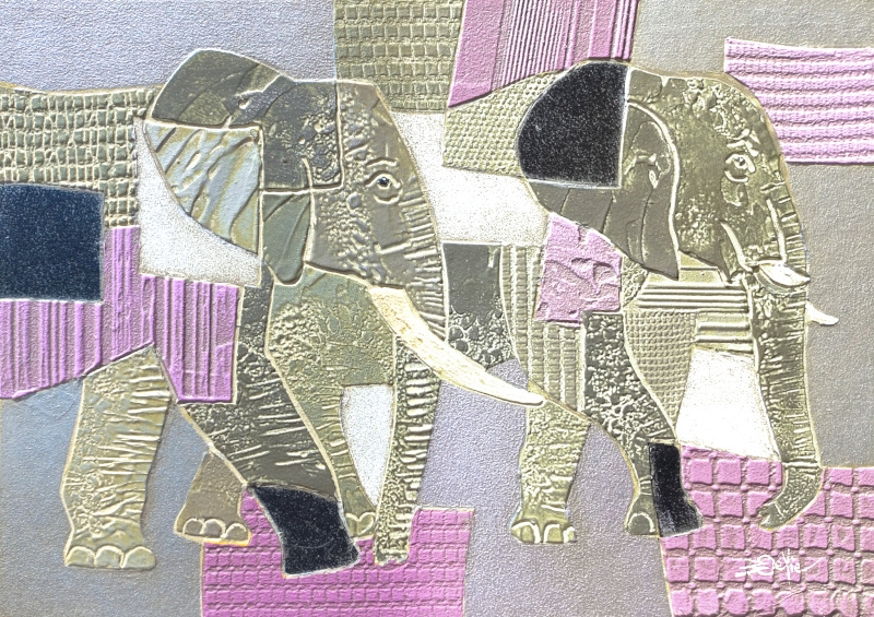  34x24cm ELEPHANTS. Argent et parme